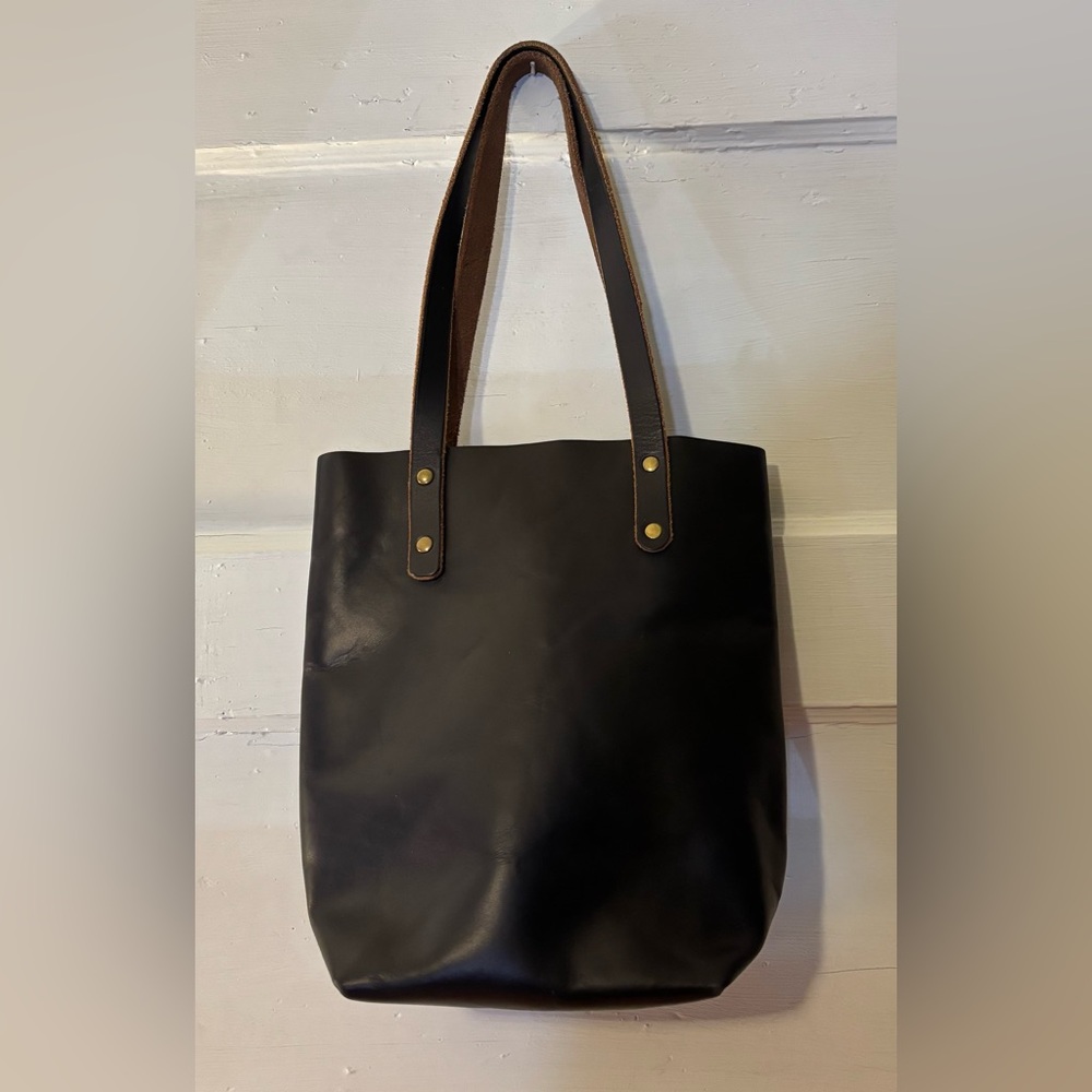 KMM & Co. Black Leather Tote Bag with Brown Straps